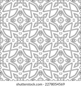  Monochrome ornamental texture with smooth linear shapes, zigzag lines, lace pattern.Abstract geometric black and white pattern for web page, textures, card, poster, fabric, textile.