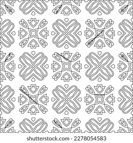  Monochrome ornamental texture with smooth linear shapes, zigzag lines, lace pattern.Abstract geometric black and white pattern for web page, textures, card, poster, fabric, textile.