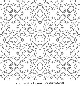  Monochrome Ziertextur mit glatten linearen Formen, Zickzacklinien, Spitzen-Muster.Abstraktes geometrisches Schwarz-Weiß Muster für Webseiten, Texturen, Karten, Poster, Gewebe, Textilien.
