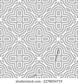  Monochrome Ziertextur mit glatten linearen Formen, Zickzacklinien, Spitzen-Muster.Abstraktes geometrisches Schwarz-Weiß Muster für Webseiten, Texturen, Karten, Poster, Gewebe, Textilien.