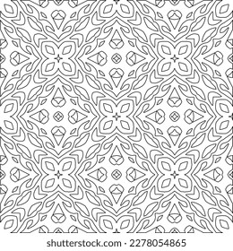  Monochrome ornamental texture with smooth linear shapes, zigzag lines, lace pattern.Abstract geometric black and white pattern for web page, textures, card, poster, fabric, textile.