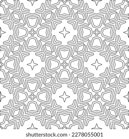  Monochrome ornamental texture with smooth linear shapes, zigzag lines, lace pattern.Abstract geometric black and white pattern for web page, textures, card, poster, fabric, textile.