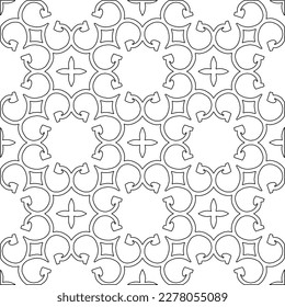  Monochrome ornamental texture with smooth linear shapes, zigzag lines, lace pattern.Abstract geometric black and white pattern for web page, textures, card, poster, fabric, textile.