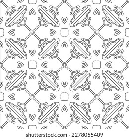  Monochrome ornamental texture with smooth linear shapes, zigzag lines, lace pattern.Abstract geometric black and white pattern for web page, textures, card, poster, fabric, textile.