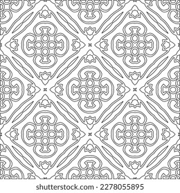  Monochrome ornamental texture with smooth linear shapes, zigzag lines, lace pattern.Abstract geometric black and white pattern for web page, textures, card, poster, fabric, textile.