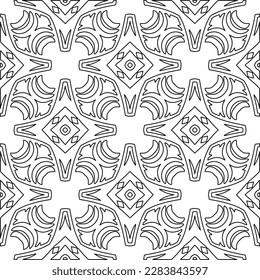 
 Monochrome ornamental texture with smooth linear shapes, zigzag lines, lace pattern.Abstract geometric black and white pattern for web page, textures, card, poster, fabric, textile.