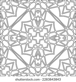 Monochrome ornamental texture with smooth linear shapes, zigzag lines, lace pattern.Abstract geometric black and white pattern for web page, textures, card, poster, fabric, textile.