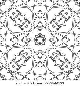 Monochrome ornamental texture with smooth linear shapes, zigzag lines, lace pattern.Abstract geometric black and white pattern for web page, textures, card, poster, fabric, textile.