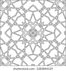 Monochrome Ziertextur mit glatten linearen Formen, Zickzacklinien, Spitzen-Muster.Abstraktes geometrisches Schwarz-Weiß Muster für Webseiten, Texturen, Karten, Poster, Gewebe, Textilien.