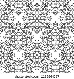 
 Monochrome ornamental texture with smooth linear shapes, zigzag lines, lace pattern.Abstract geometric black and white pattern for web page, textures, card, poster, fabric, textile.