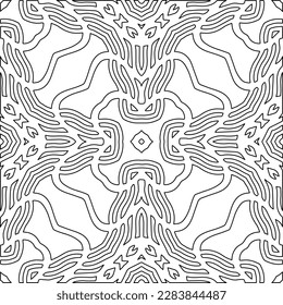 Monochrome ornamental texture with smooth linear shapes, zigzag lines, lace pattern.Abstract geometric black and white pattern for web page, textures, card, poster, fabric, textile.