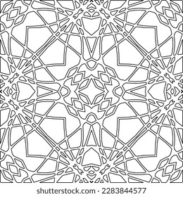Textura ornamental monocroma con formas lineales lisas, líneas de zigzag, patrón de encaje.Resumen de patrón geométrico en blanco y negro para página web, texturas, tarjeta, afiche, tela, textil.