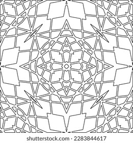 Monochrome ornamental texture with smooth linear shapes, zigzag lines, lace pattern.Abstract geometric black and white pattern for web page, textures, card, poster, fabric, textile.