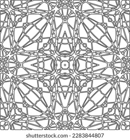 Textura ornamental monocroma con formas lineales lisas, líneas de zigzag, patrón de encaje.Resumen de patrón geométrico en blanco y negro para página web, texturas, tarjeta, afiche, tela, textil.