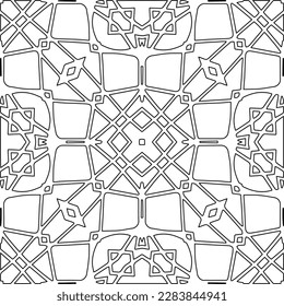 Monochrome ornamental texture with smooth linear shapes, zigzag lines, lace pattern.Abstract geometric black and white pattern for web page, textures, card, poster, fabric, textile.