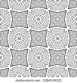 
 Textura ornamental monocroma con formas lineales lisas, líneas de zigzag, patrón de encaje.Resumen de patrón geométrico en blanco y negro para página web, texturas, tarjeta, afiche, tela, textil.