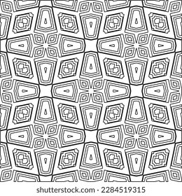 
 Textura ornamental monocroma con formas lineales lisas, líneas de zigzag, patrón de encaje.Resumen de patrón geométrico en blanco y negro para página web, texturas, tarjeta, afiche, tela, textil.