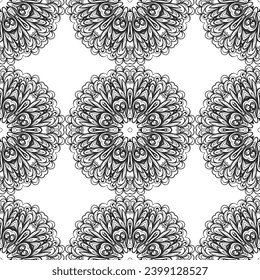 Monochrome Ziertextur mit glatten linearen Formen, Linien, Spitzen-Mustern. Abstraktes geometrisches Schwarz-Weiß-Muster für Webseiten, Texturen, Karten, Poster, Gewebe, Textilien