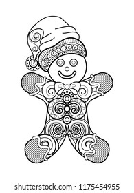 Monochrome Ornate Christmas Decoration, Happy New Year. Symbolic Gingerbread Man, Floral Ornament. Holiday Objects in Doodle Style for Greeting Card. Coloring Book Page. Vector Contour Illustration