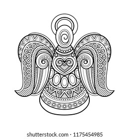 Monochrome Ornate Christmas Decoration, Happy New Year. Symbolic Angel, Floral Ornament. Holiday Objects in Doodle Line Style for Greeting Card. Coloring Book Page. Vector Contour Illustration