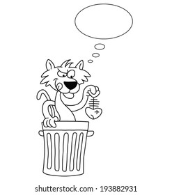 Monochrome outline cartoon cat with dinner with thought bubble for own text isolated on white background