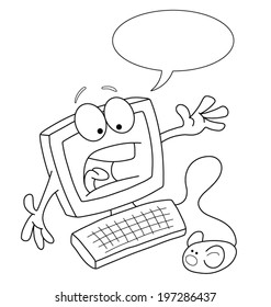 Monochrome outline cartoon computer with speech bubble for own text isolated on white background