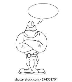 Monochrome outline cartoon construction worker with speech bubble for own text isolated on white background