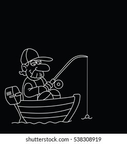 Monochrome outline cartoon fisherman in boat with copy space for own text 
isolated on black background
