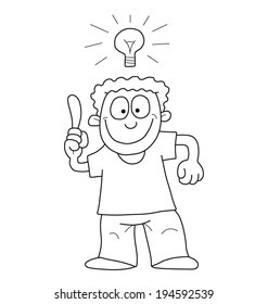 Monochrome outline cartoon man having an idea isolated on white background