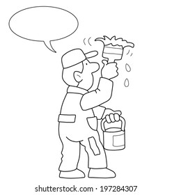 Monochrome outline cartoon painter with speech bubble for own text isolated on white background