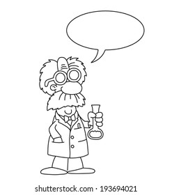 Monochrome outline cartoon scientist with speech bubble for own text isolated on white background