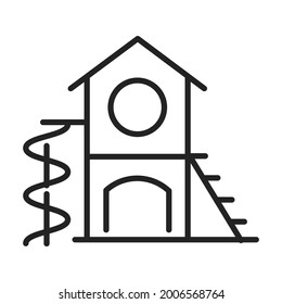 Monochrome outline children's play complex icon vector illustration. Linear simple logo with sandbox, twist slide, stairs and house roof for kids outdoor playing isolated. Childish amusement park
