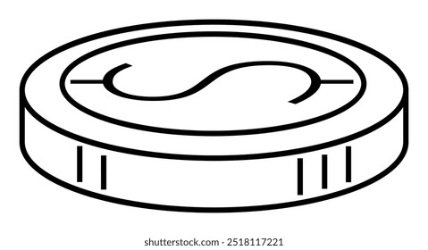 A monochrome outline of a coin featuring the yen symbol. Ideal for finance, economy, currency, banking, and investment themes. Simple lines, impactful depiction, vector format.