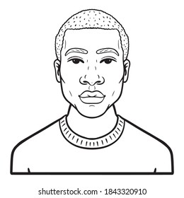 monochrome outline comic illustration of a man. avatar, head.