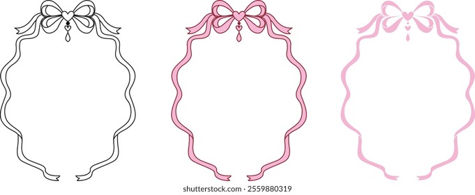 A monochrome outline of a decorative frame with wavy ribbon edges with editable stroke thickness for wedding, valentines card and so on. Vector illustration.