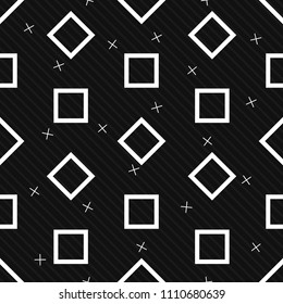 Monochrome Outline Diamond and Outline Square Geometry with Striped Background Seamless Pattern Vector