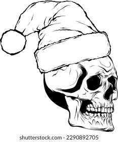 monochrome outline drawing of a horror santa claus skull with hat pompom.