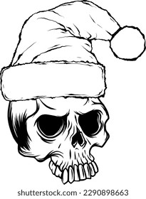 monochrome outline drawing of a horror santa claus skull with hat pompom.