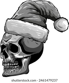 monochrome outline drawing of a horror santa claus skull with hat pompom.