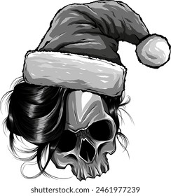 monochrome outline drawing of a horror santa claus skull with hat pompom.