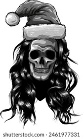 monochrome outline drawing of a horror santa claus skull with hat pompom.