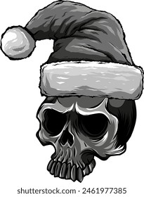 monochrome outline drawing of a horror santa claus skull with hat pompom.