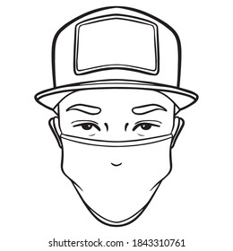 monochrome outline illustration of an asian men's head with baseball cap. avatar, comic, outline.