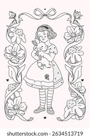 A monochrome outline illustration of a girl with a rabbit amid a blooming floral border. A vintage, hand-drawn, black-and-white coloring page for a retro coloring book. Coquette cottagecore aesthetic