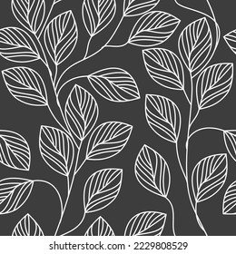 Vector de patrón sin fisuras monocromo de la hoja de contorno. Resumen de ramas lineales ilustraciones de fondo floral. Papel de escritorio, fondo, tela, textil, impresión, papel envolvente o diseño de paquete.