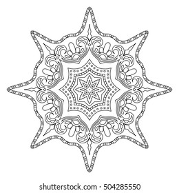 Monochrome Outline Mandala. Oriental Decoration for Coloring Book. Anti-Stress Therapy Pattern. Universal Design Element. Circular Patterned Ornament. Decorative Round Tracery. 