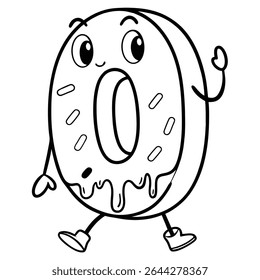 Monochrome, outline number zero cartoon character walks and waves a cheerful greeting, complete with animated eyes, dripping glaze, and whimsical sprinkles, on transparent backdrop.