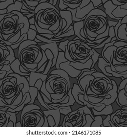 Monochrome outline rose flower bouquets contour elements vector seamless pattern gray and black. Gift box paper, textile, linen, dress print design, invitations of the wedding or condolence