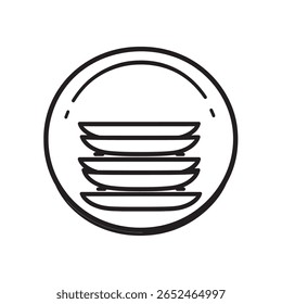 A monochrome outline shows a circular stack of four plates. The image is minimalist, showcasing line work and simplicity, perfect for culinary-themed projects and transparent background.