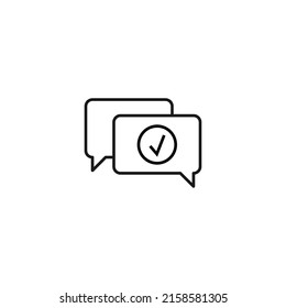 Monochrome outline sign drawn with black thin line. Modern symbol suitable for advertisement, web sites, stores. Vector line icon of checkmark inside of speech bubble 